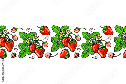 Red strawberries, pink flowers and green leaves. Seamless pattern. Banner with color berries. Hand-drawn flat image. Vector illustration on a white background.
