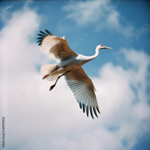 The crane flies high in the sky against the background of white clouds, a photo of a flying bird from below, generative ai