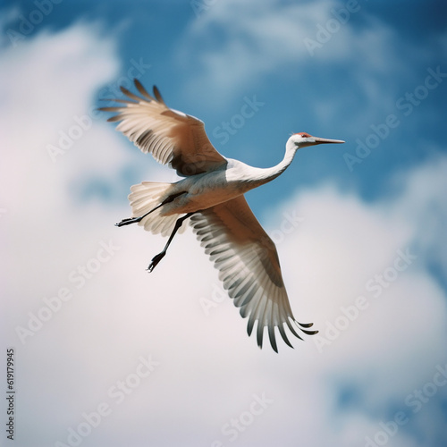 Crane flies high in sky against background of white clouds, photo of flying bird from below, generative ai
