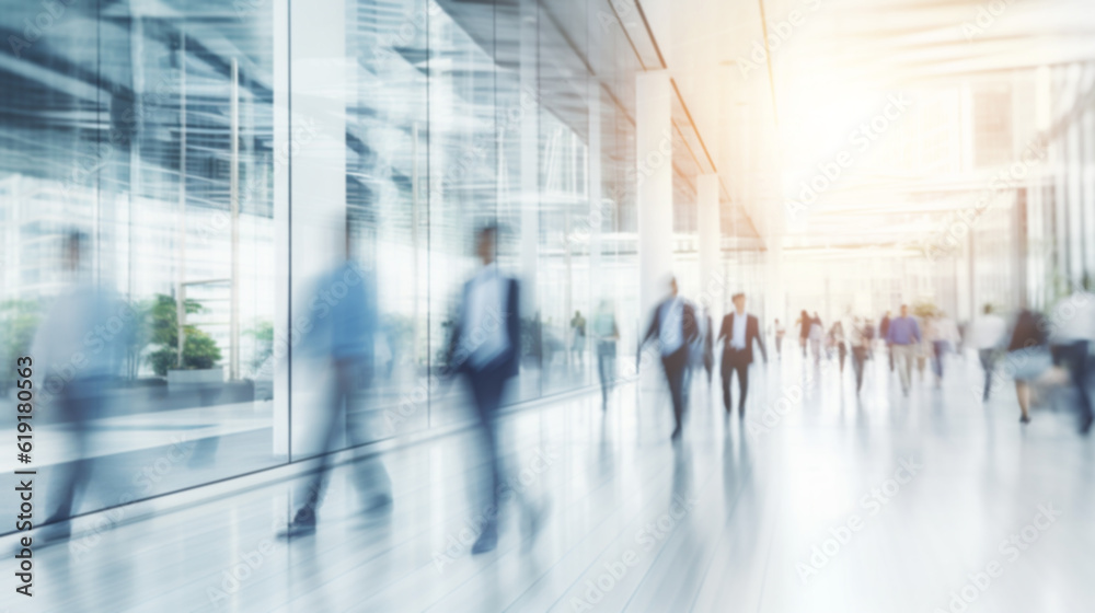 motion blur image of business people crowd walking at corporate office in city downtown, blurred background, business center concept, Generative AI