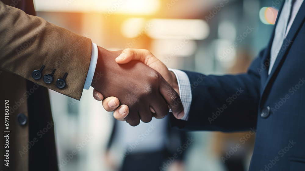 business people hand shaking after business signing contract document on desk in meeting room at company office, job interview, investor, negotiation, partnership and teamwork concept, Generative AI