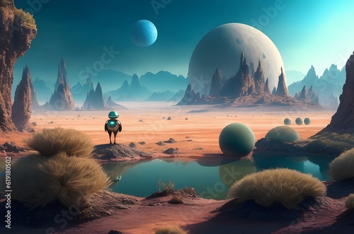  An alien planet with strange creatures and landscapes. Generative AI photo