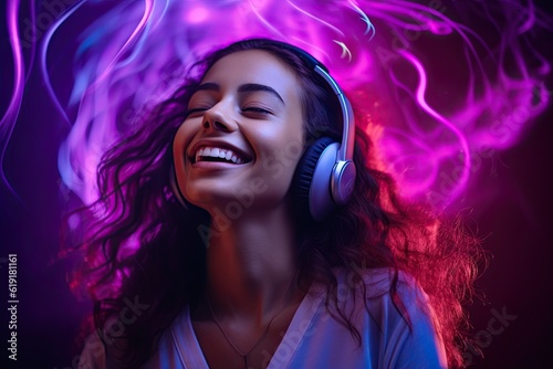 Wallpaper Mural Generative AI illustration of smiling woman listening to music - positive and joyful. Solid color neon background Torontodigital.ca