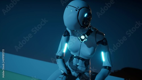 animation of robot humanoid a.i. play on piano. Artificial intelligence make music. Robot doing art