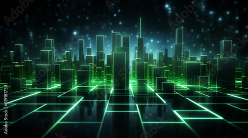 3D illustration of cityscape with green neon lights on a dark background