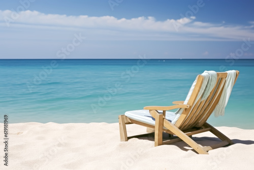 BEACH CHAIR ON THE SAND NEXT TO THE SEA. AI ILLUSTRATION.