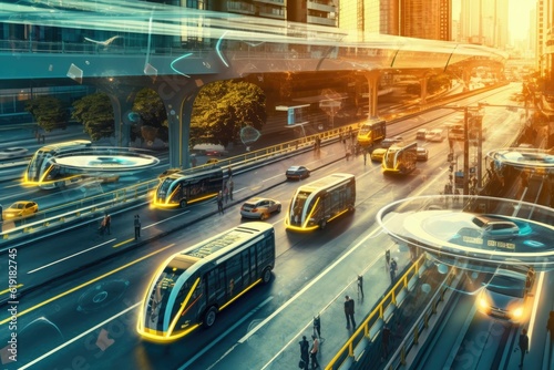 Urban mobility future - tram, metro, subway in futuristic city. Generative AI.
 photo