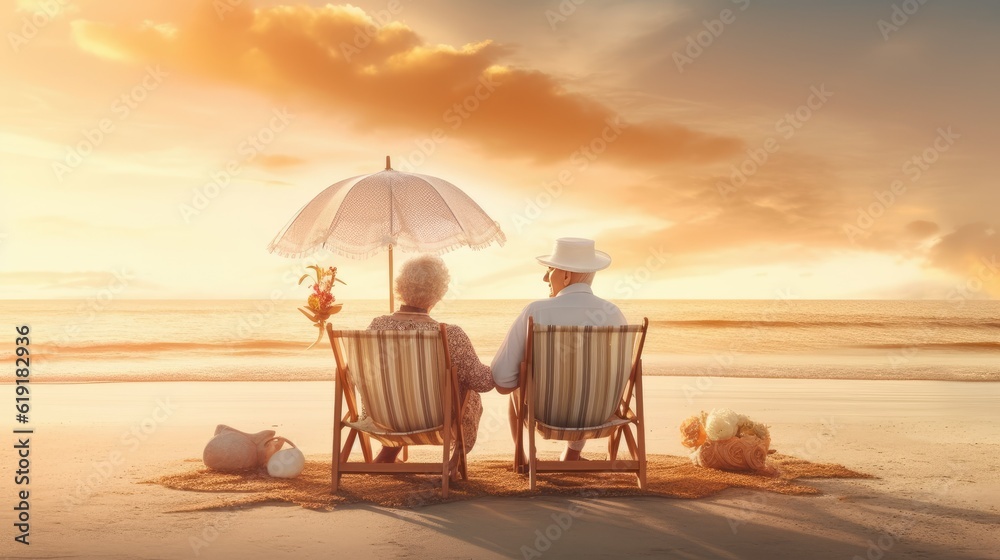 couple on the beach at sunset. Generative AI.