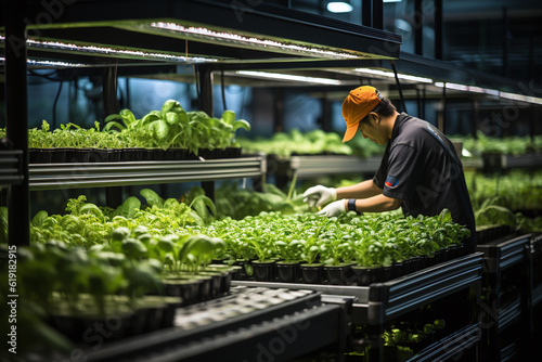 A man works in an organic food plantation with a large-scale hydroponic growing system Farmers work on a plantation to grow organic food. using generative AI tools