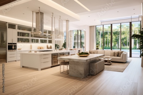 Kitchen interior mockup overlooking family room  white and beige modern  beech wood floors  luxury. Generative AI.