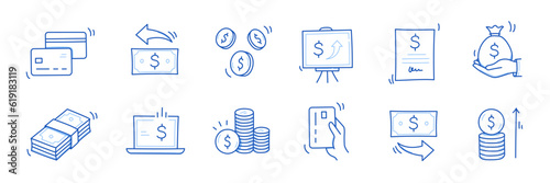 Money cash, coin business doodle icon set. Dollar coin, money profit doodle line sketch business inflation, cash payment. Financial profit, growth icon. Outline editable stroke. Vector illustration