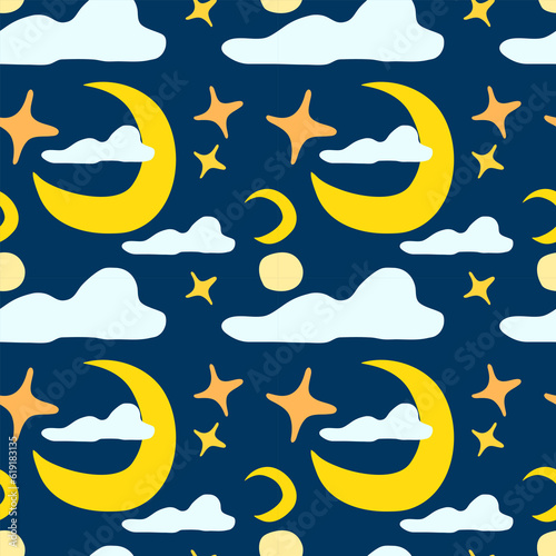 doodle moon and star midnight seamless pattern background. vector abstract.