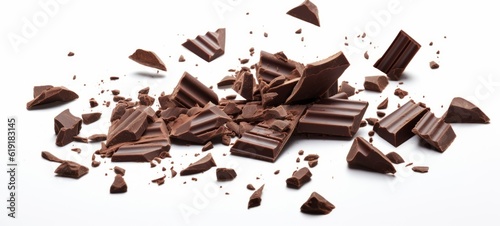 Food photography - Closeup of pieces fragment of dark brown chocolate falling, isolated on white background (Generative Ai)