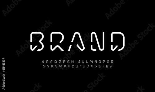 Technical smart font, digital alphabet, uppercase Latin letters from A to Z and Arab numbers from 0 to 9, vector illustration 10EPS