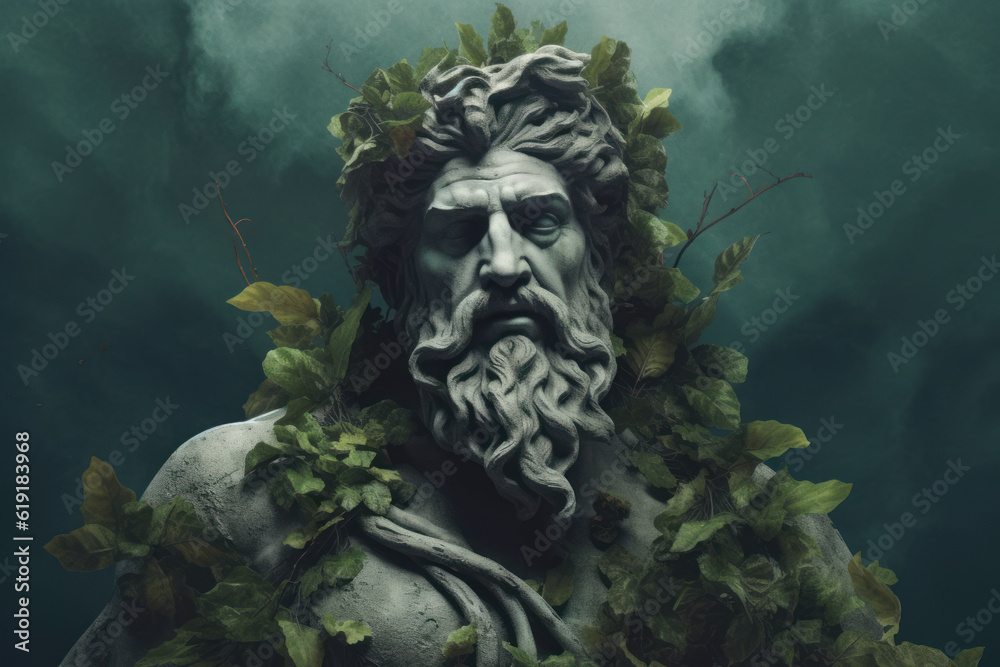 Marble statue of greek god Zeus with ivy. Generative AI - obrazy, fototapety, plakaty 