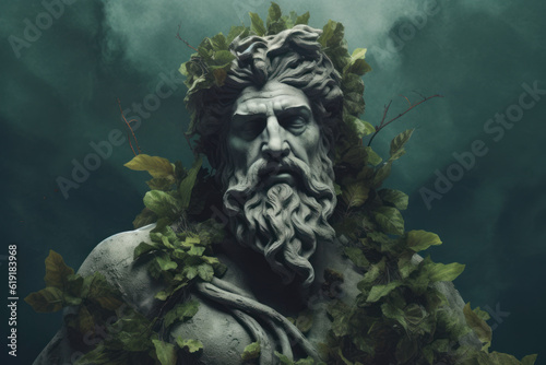 Marble statue of greek god Zeus with ivy. Generative AI © NorLife