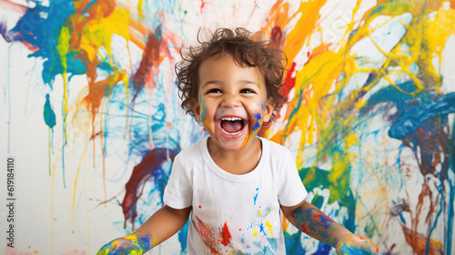 Fototapeta Naklejka Na Ścianę i Meble -  A happy child playing with paints and showing their creativity