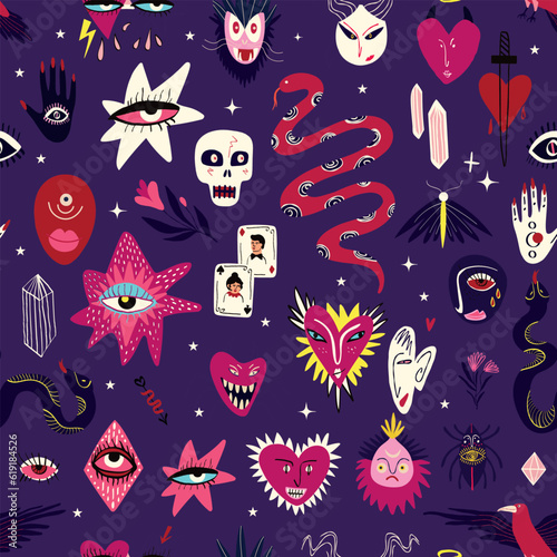 Vibrant Halloween pattern with magical mystical esoteric magical Gothic symbols