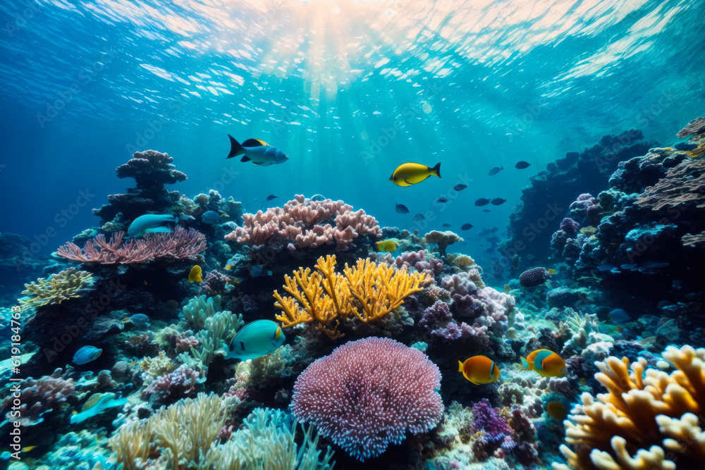 Obraz premium Underwater view of vibrant coral reefs and exotic marine life with beautiful natural ocean background. Wildlife concept of ecological environment. Generative AI