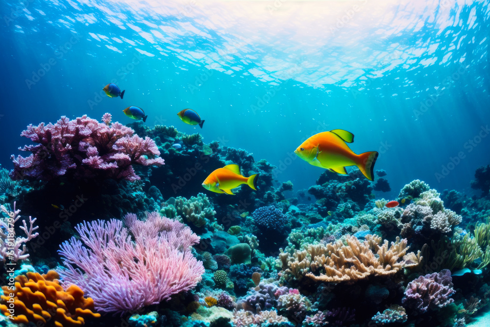 Naklejka premium Underwater view of vibrant coral reefs and exotic marine life with beautiful natural ocean background. Wildlife concept of ecological environment. Generative AI