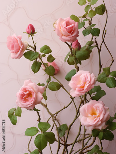 Pastel pink rose branch on marble background. Gentle colors. Nature and floral background. Generative AI.