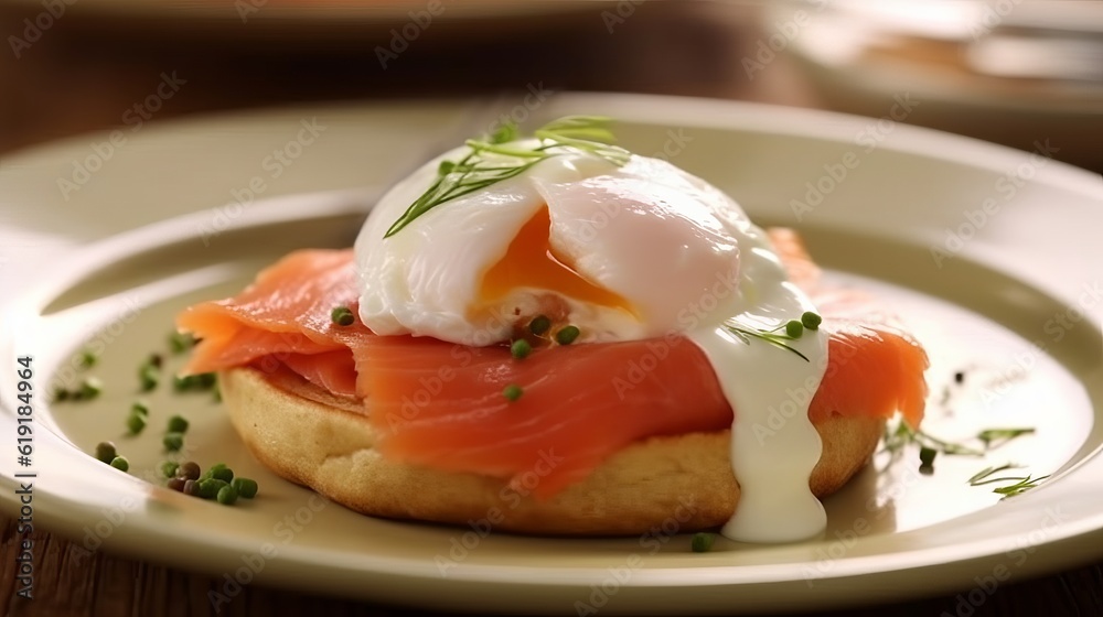 poached egg with leaking yolk, protein healthy food, egg benedict keto diet recipe, low calorie breakfast toast, Generative AI
