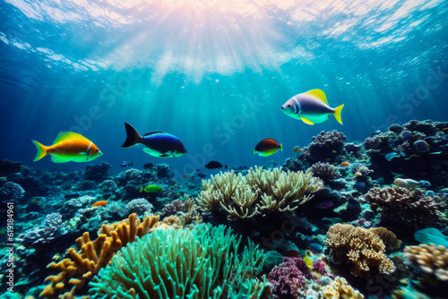 Underwater view of vibrant coral reefs and exotic marine life with beautiful natural ocean background. Wildlife concept of ecological environment. Generative AI