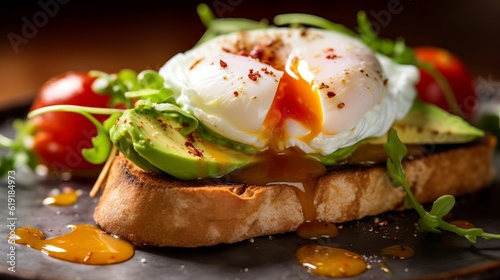 poached egg with leaking yolk, protein healthy food, egg benedict keto diet recipe, low calorie breakfast toast, Generative AI
 photo