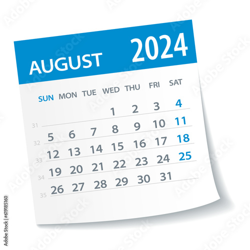 August 2024 Calendar Leaf. Week Starts on Monday. Vector Illustration