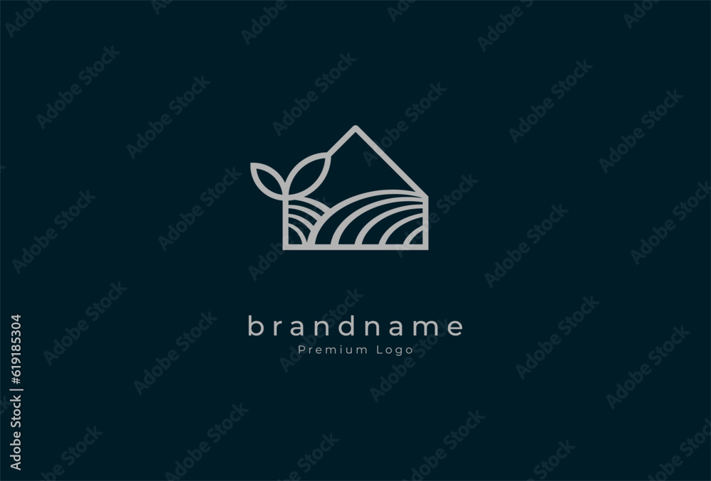 Green house Logo, minimalist house with leaf and agricultural land in line art logo style, vector illustration