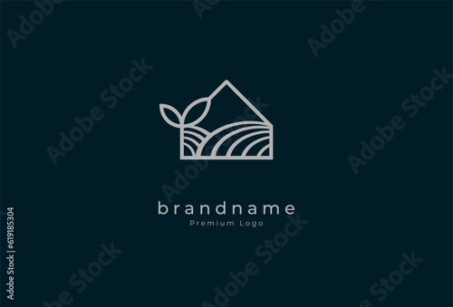Green house Logo, minimalist house with leaf and agricultural land in line art logo style, vector illustration
