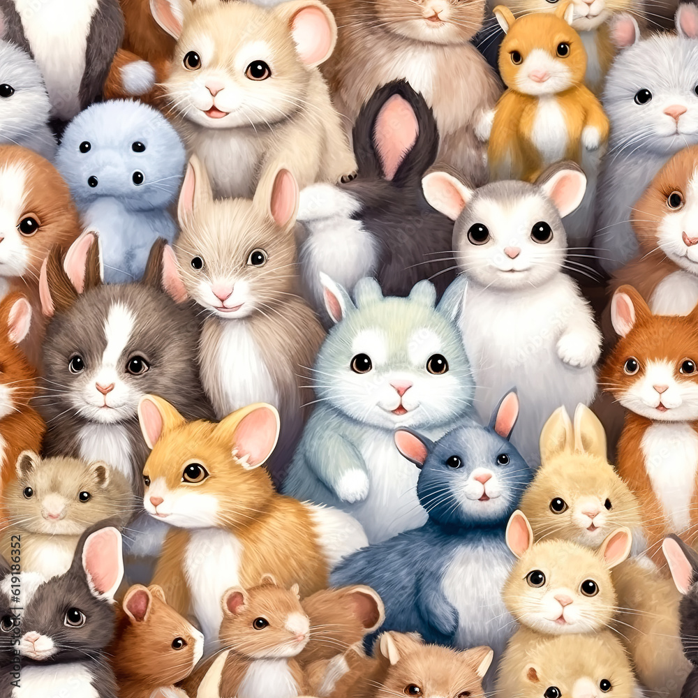 Seamless pattern with a bunch of fluffy cartoon animals sitting tightly on top of each other. AI generated. Seamless pattern with a bunch of fluffy cartoon animals sitting tightly on top of each other. AI generated.