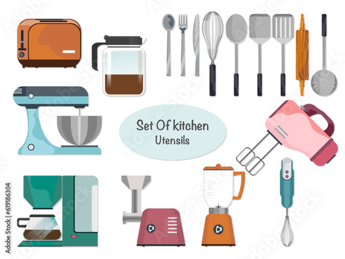 Kitchen set in vector style of cooking tools, electric equipment toaster Meat grinder, blender, cute kitchen utensils collection.