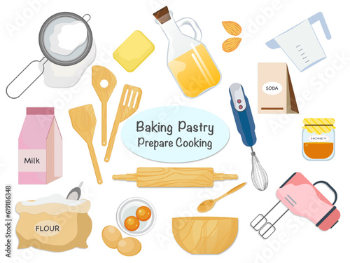 Set of baking ingredients, products, and kitchen tools for each baking recipe - vector illustration.