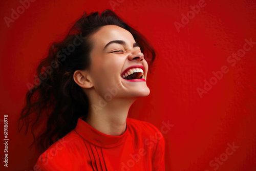 Lighthearted lady in red bursts with joy. Generative AI