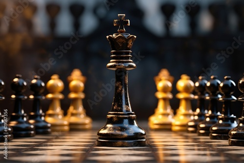 Black king winner surrounded with black gold chess pieces on chess board game competition. concept strategy Generative AI