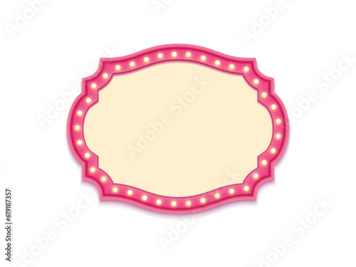Antique shape marquee vintage 3d lightbox with glowing bulb. Pink color retro frame design vector illustration.