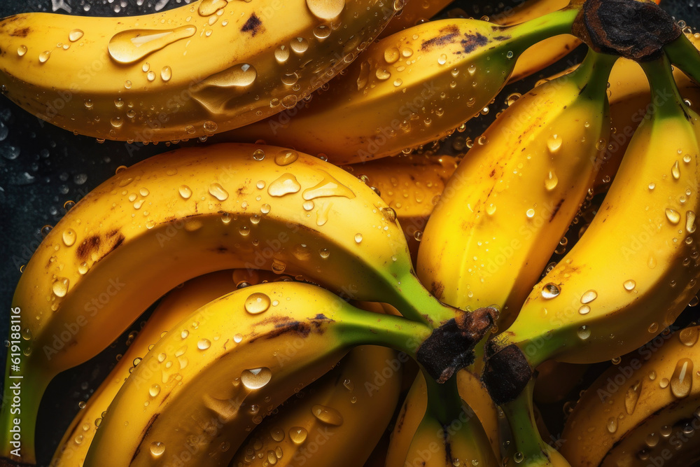 Fresh banana seamless background, adorned with glistening droplets of water. Top down view. AI Generated