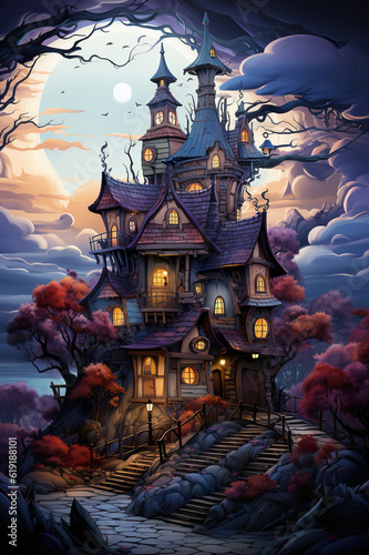 A painting of a house in the middle of the night. Generative AI. Halloween clipart drawing.