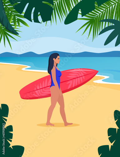 Young brunette walks with a surfboard towards the sea. Vector illustration. © Alena