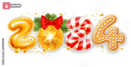 Happy New Year 2024 3d realistic, isolated creative digits 2024 made of golden foil balloon, christmas ball with spruce twigs, candy cane, gingerbread. Decorated by flying tinsel. Vector illustration