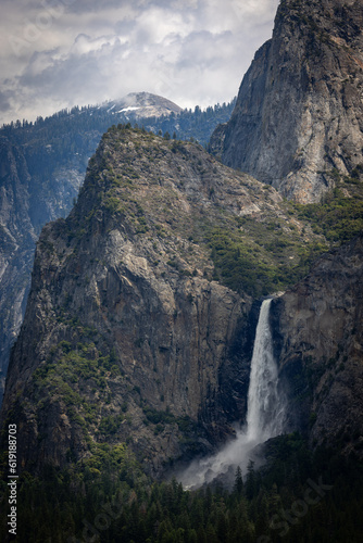 Closeup of Bridalveil falls with high spring runoff at Yosemite National Park