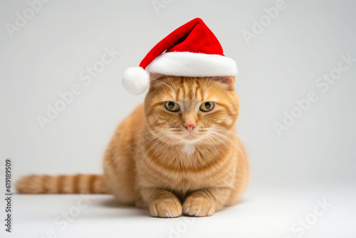 Cute ginger cat in santa hat on white background. Merry Christmas concept. Generative AI © colnihko