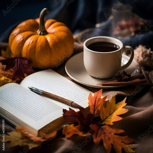 Generative AI illustrations , Autumn yellow and orange fall leaves and pumpkins, book, hot cup of coffee.