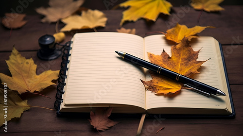 Generative AI illustrations , Autumn yellow and orange fall leaves and book.