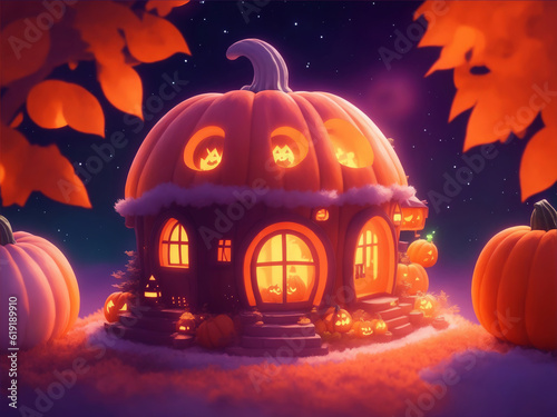 Fanny Halloween pumpkins house. Happy Halloween theme. Digital painting illustration created with Generative AI technology.