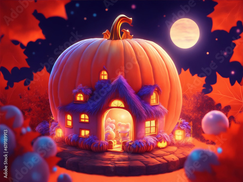 Fanny Halloween pumpkins house. Happy Halloween theme. Digital painting illustration created with Generative AI technology.