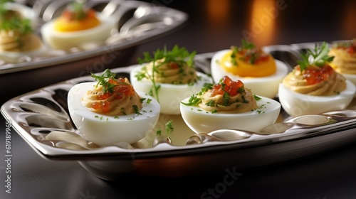Boiled eggs stuffed with yolk and fish, low-calorie cold appetizer stuffed with protein food, serving for the festive table. Generative AI 