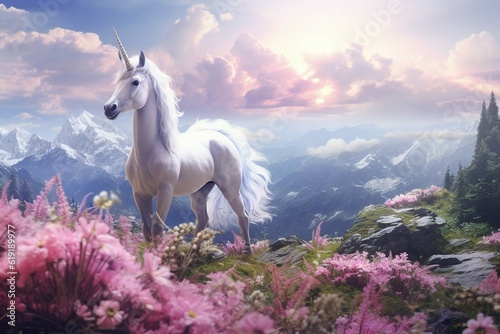Magic unicorn in fantastic world with fluffy clouds and fairy meadows Generative AI 