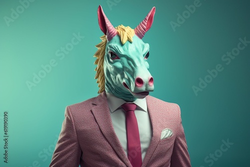 Man wearing a unicorn mask against turquoise background, Generative ai